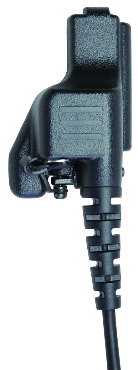 Black cable connector with textured grip and built-in strain relief system.