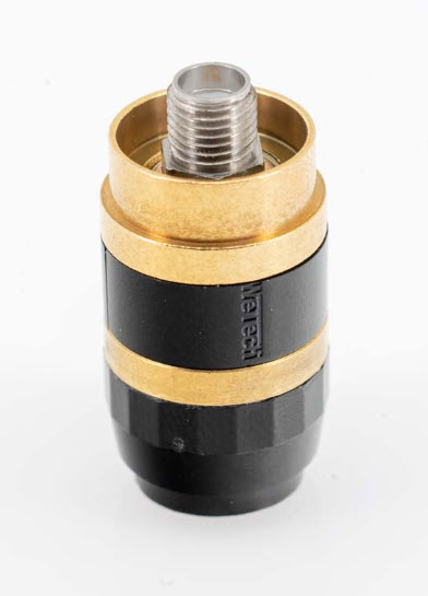 Metal coupling connector, cylindrical, black-gold.