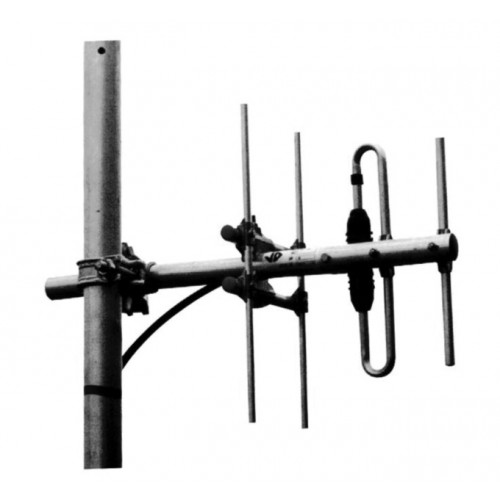 Yagi-Uda antenna mounted on a mast, multiple elements visible.