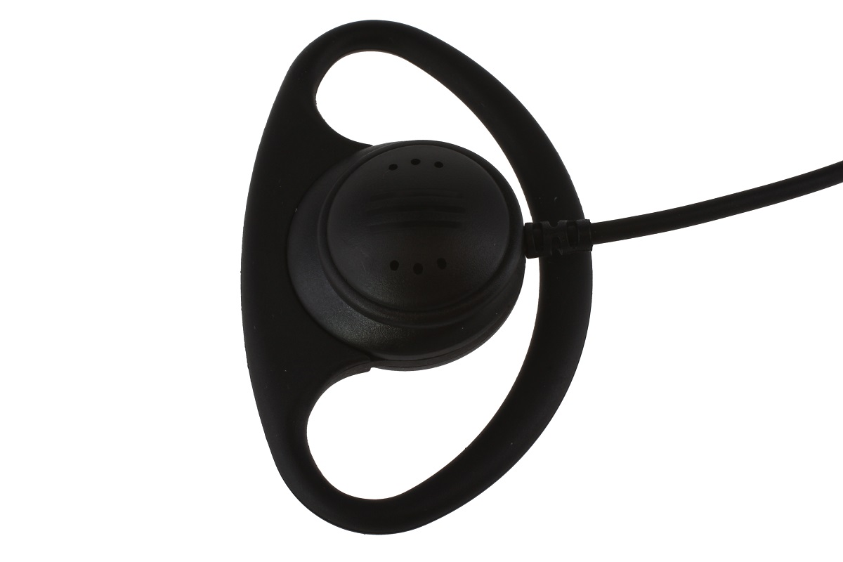 Close-up of black earbud with cable and ear loop.