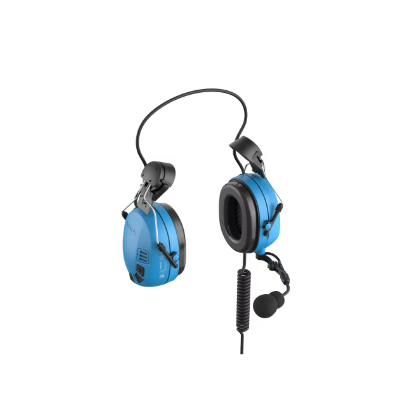 Casque professionnel bleu avec micro et câble.