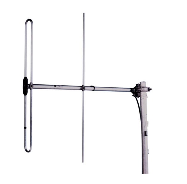 Metalen VHF-omnidirectionele antenne met verticale en horizontale elementen.