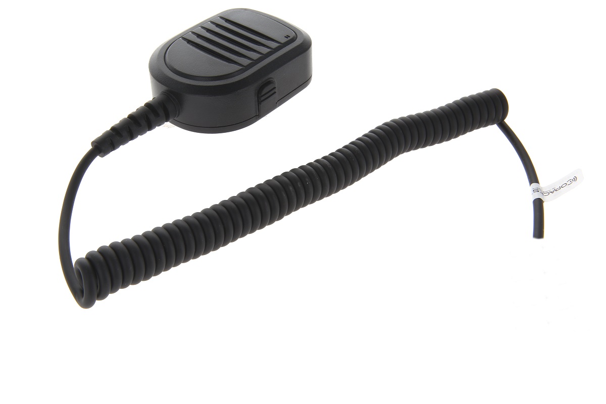 Black handheld microphone with coiled cable and plug.
