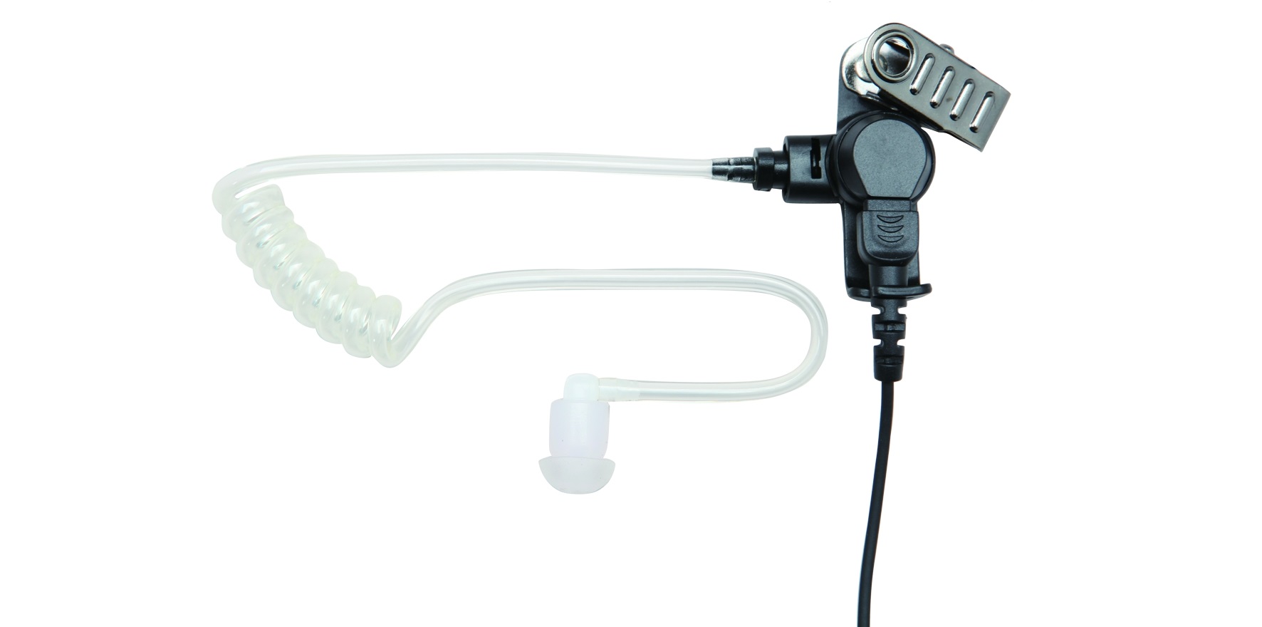 Acoustic tube with earbud and metal clip.
