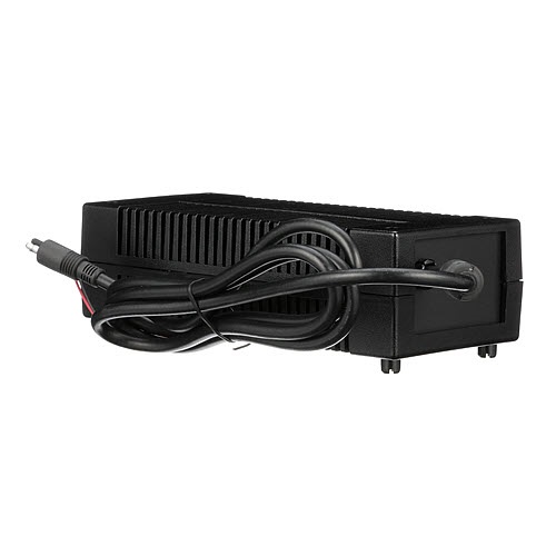 Black ribbed charger with cable in front and side connector.