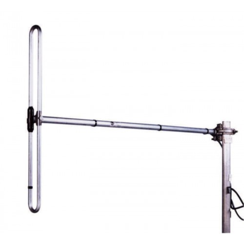 Metalen stavenantenne met ovaal element op een verticale mast.