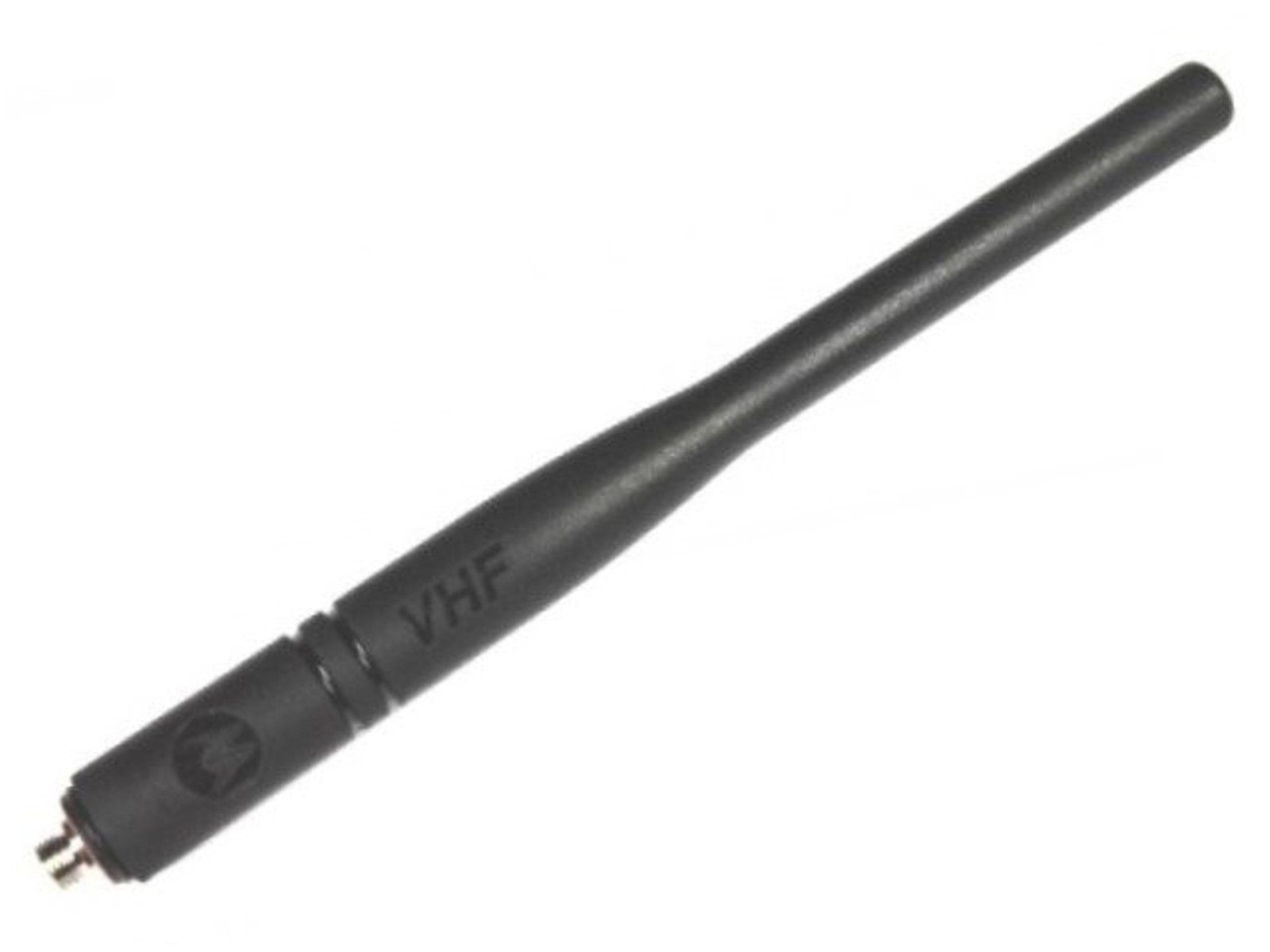 Black VHF antenna with screw thread, suitable for radios.