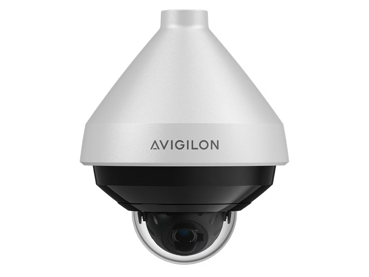 Dome-shaped surveillance camera with white housing on black background