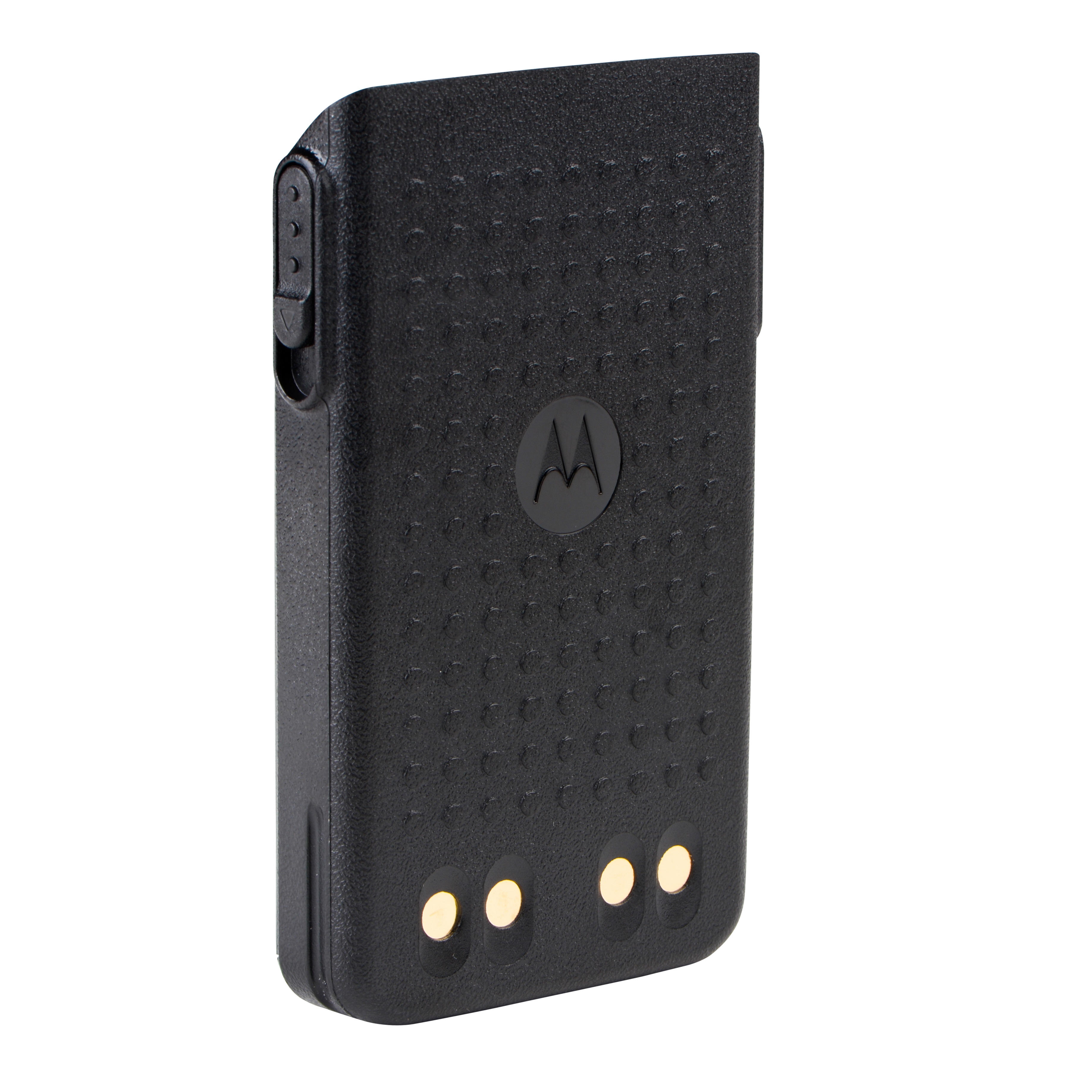 Batterie de radio noire avec surface texturée et contacts dorés.