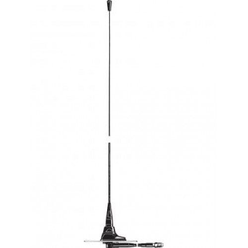 Voertuigantenne met lange, slanke staaf en montagebasis.