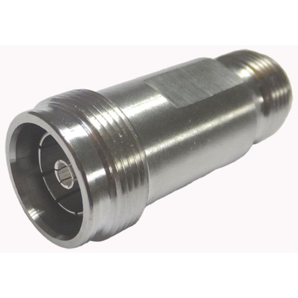 Adaptateur métallique conique argenté avec filetage aux deux extrémités.