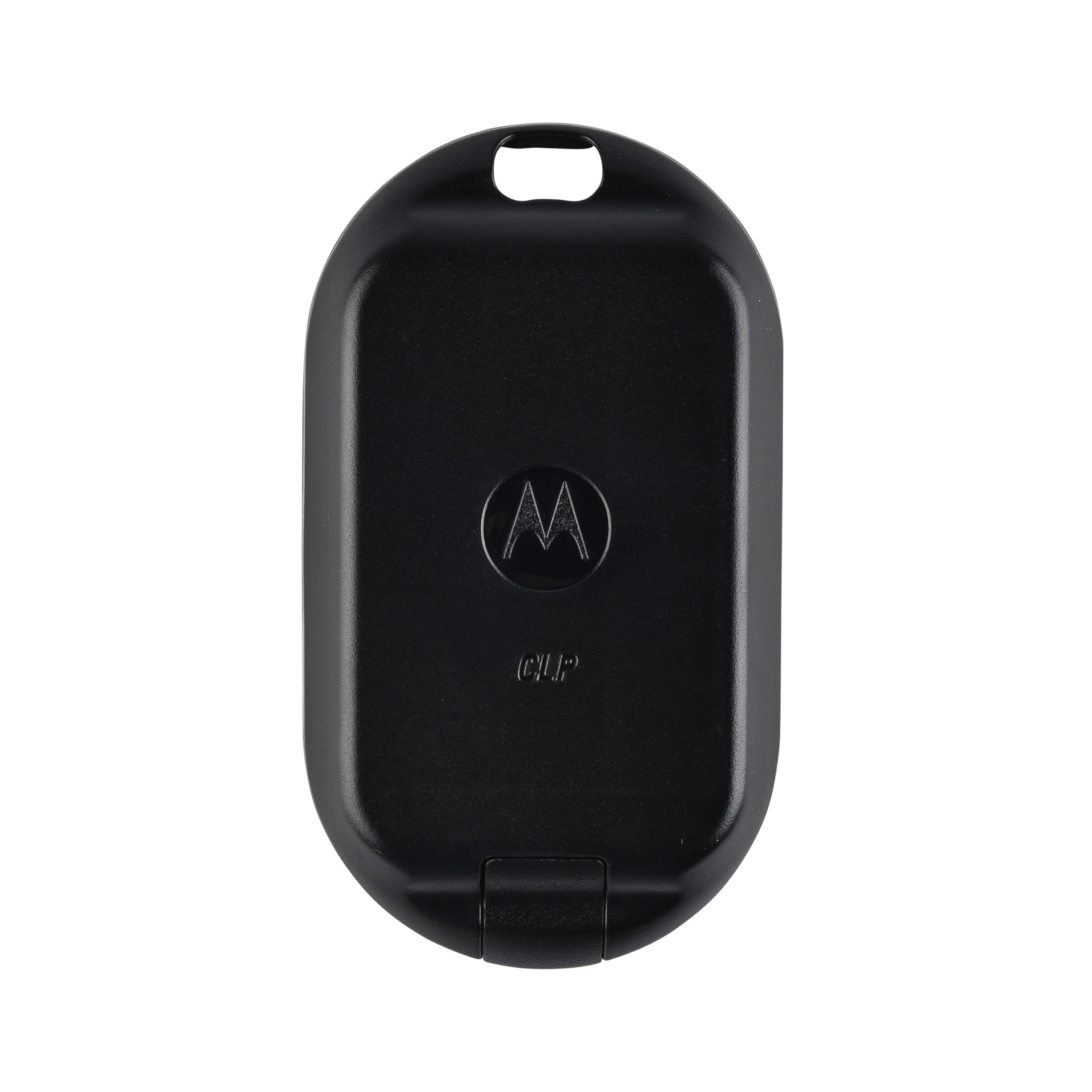 Zwart ovaal apparaat met Motorola-logo in het midden.