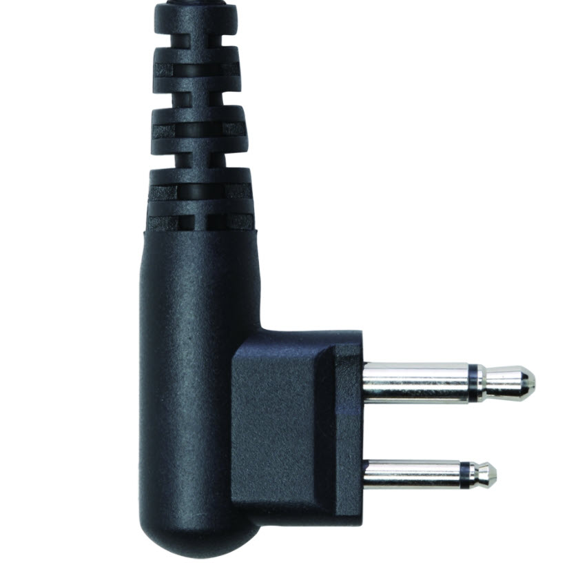Prise audio noire à deux broches avec angle de 90 degrés.