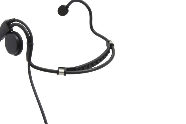 Casque noir avec micro sur crochet d'oreille.