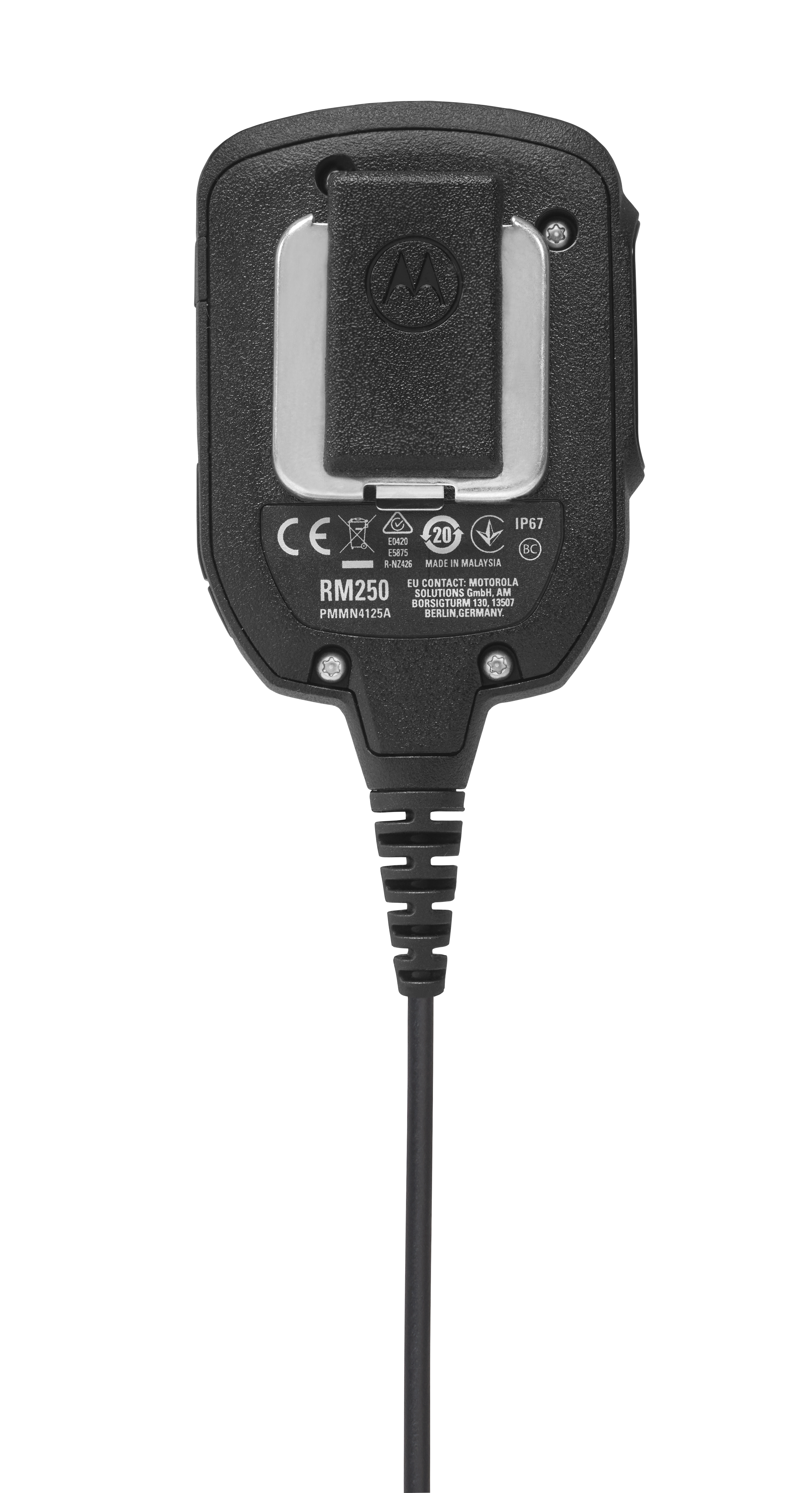 7000-00428300_mot_04.png Achterkant van een Motorola-microfoon met clip, logo's en serienummers.