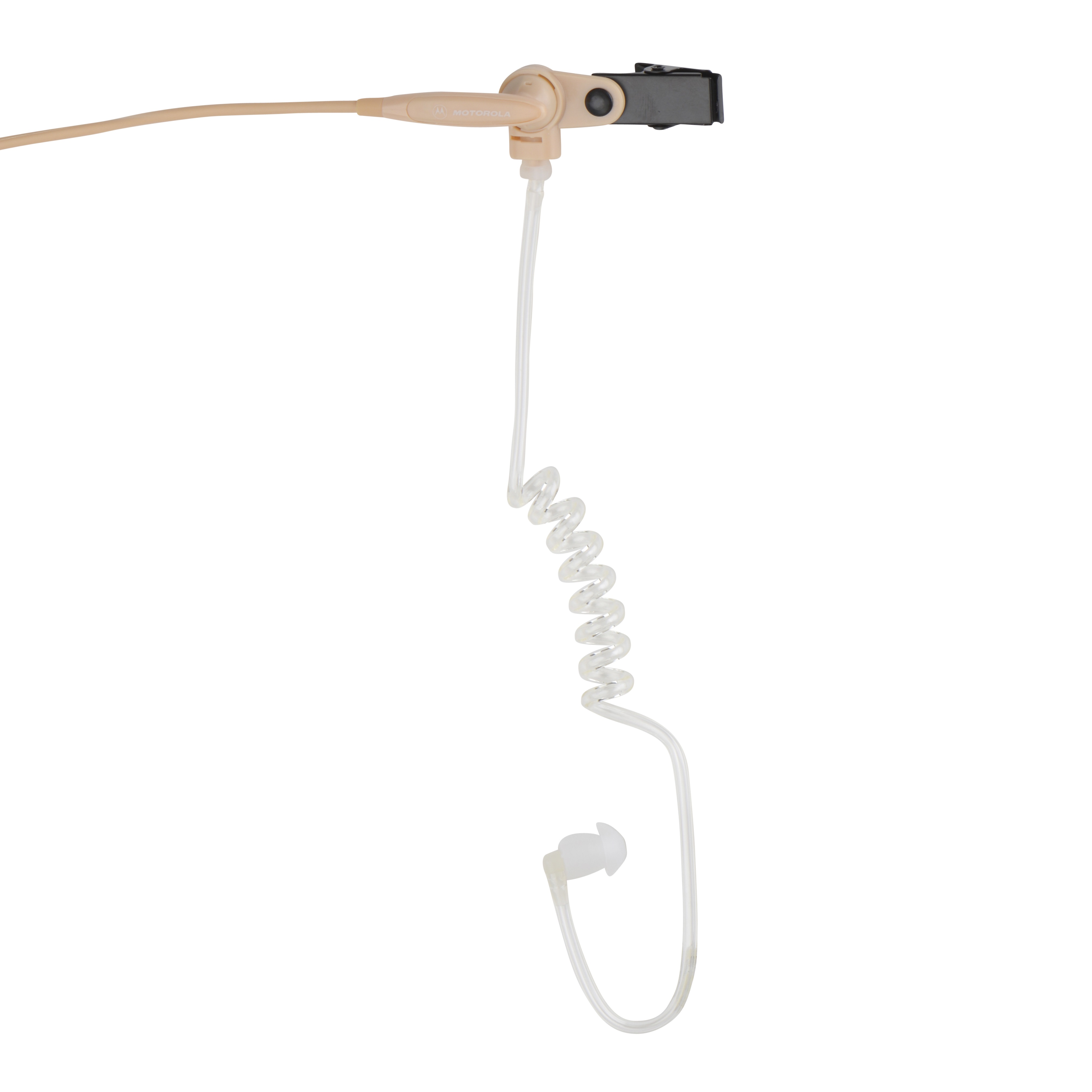 Transparant oortje met spiraalkabel, beige clip.