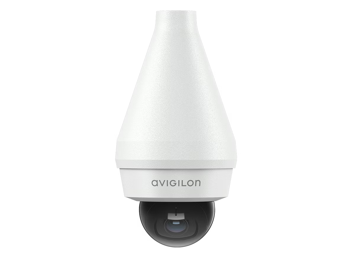 Surveillance camera with white housing and black dome.