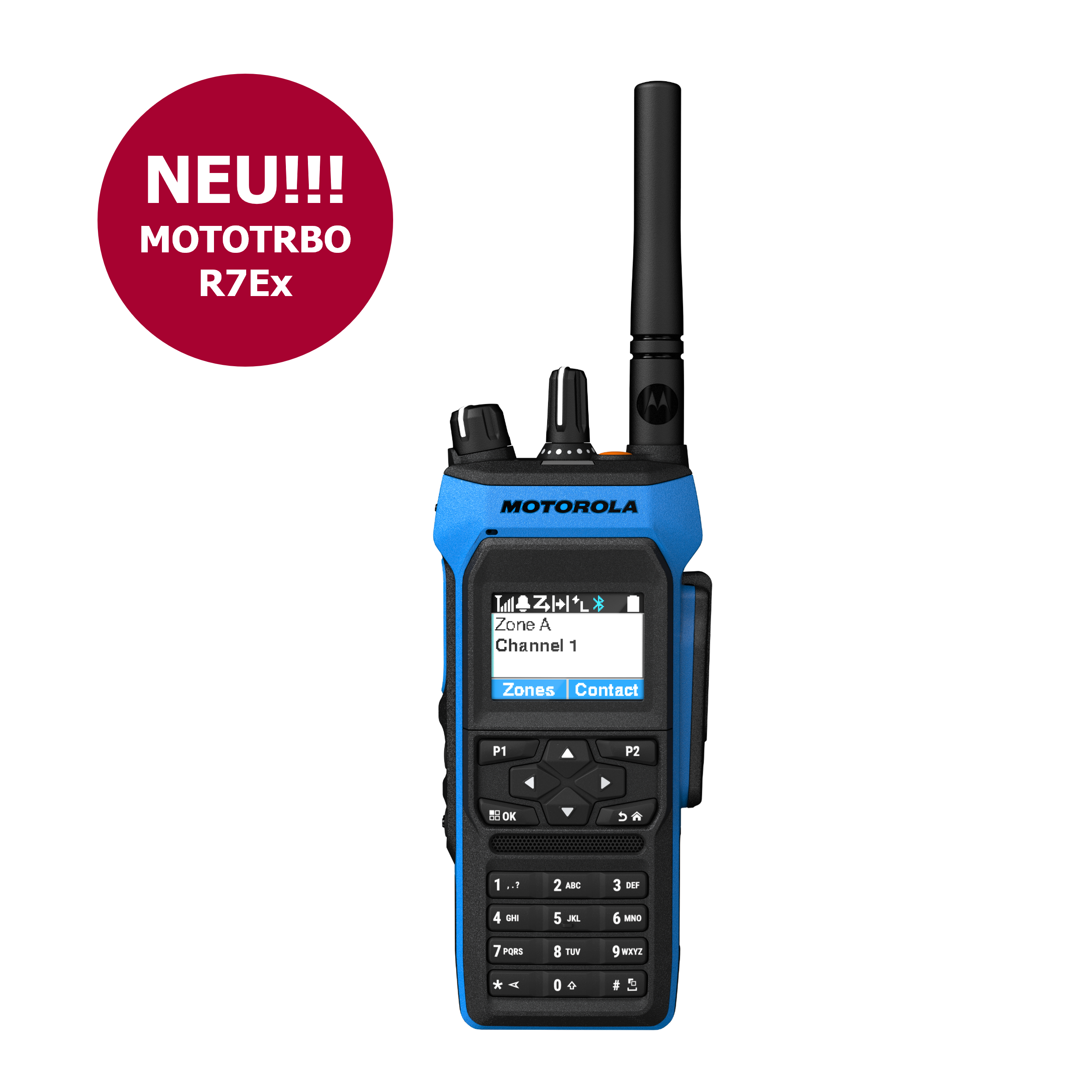 7000_00757921_MOT_01_NEU.png Radio met displaytekst Zone A, Kanaal 1, ronde NIEUW-sticker erboven.
