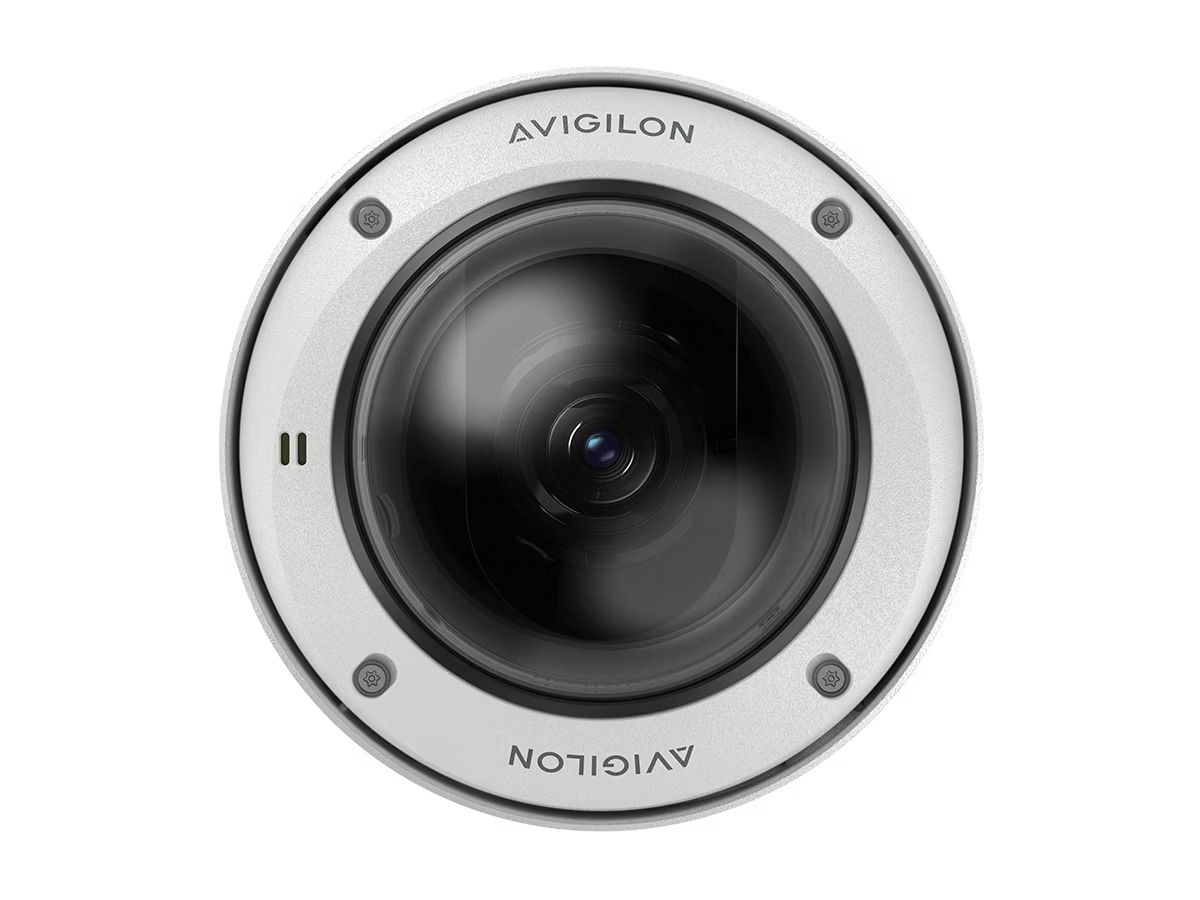 Ronde beveiligingscamera van bovenaf gezien.