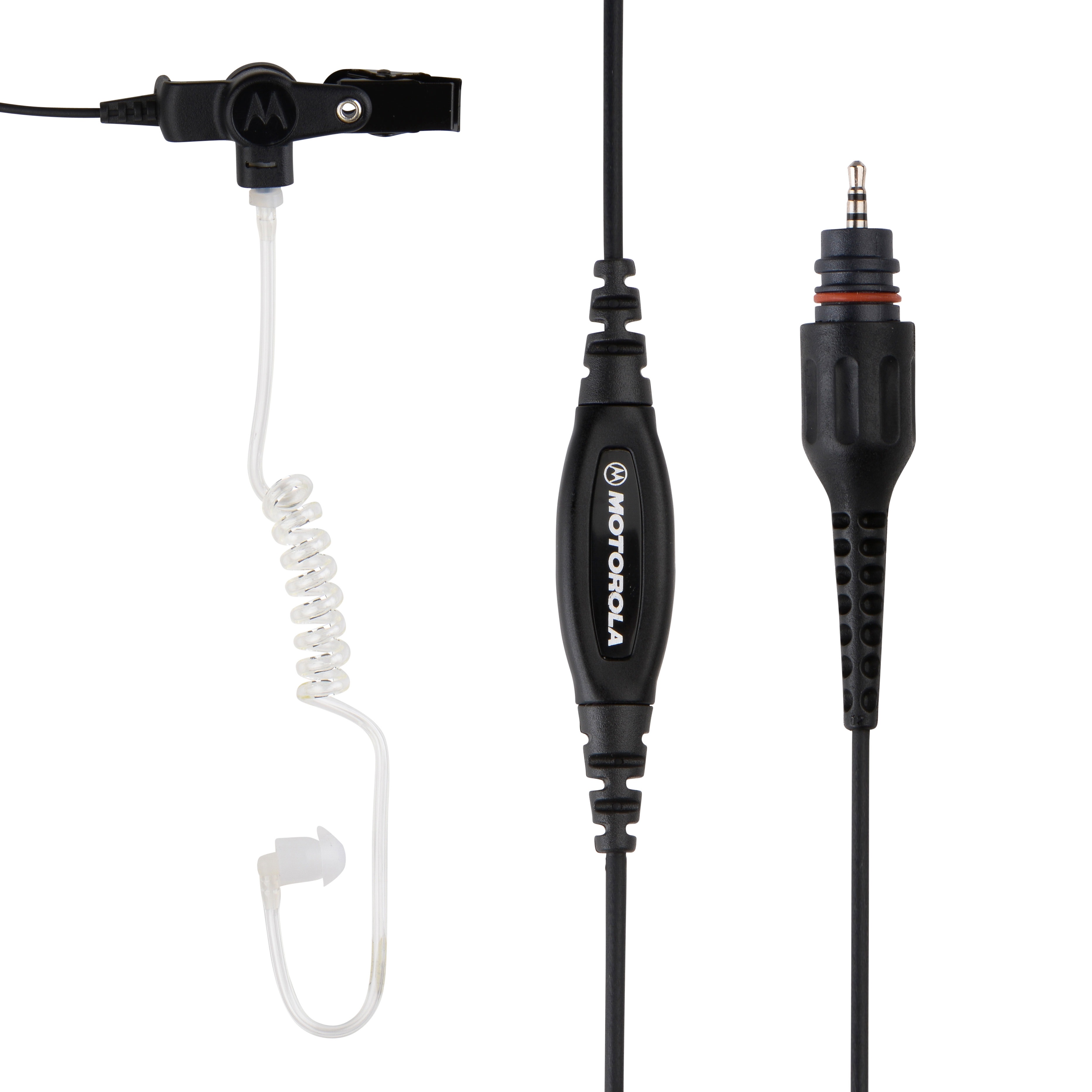Zwarte Motorola headset met transparante oortelefoon en spiraalkabel.