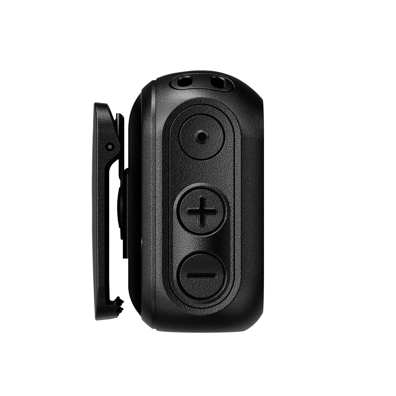 Vue latérale d'une télécommande noire avec boutons plus et moins.