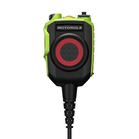 Groene draagbare radio met rode cirkel en zwart snoer