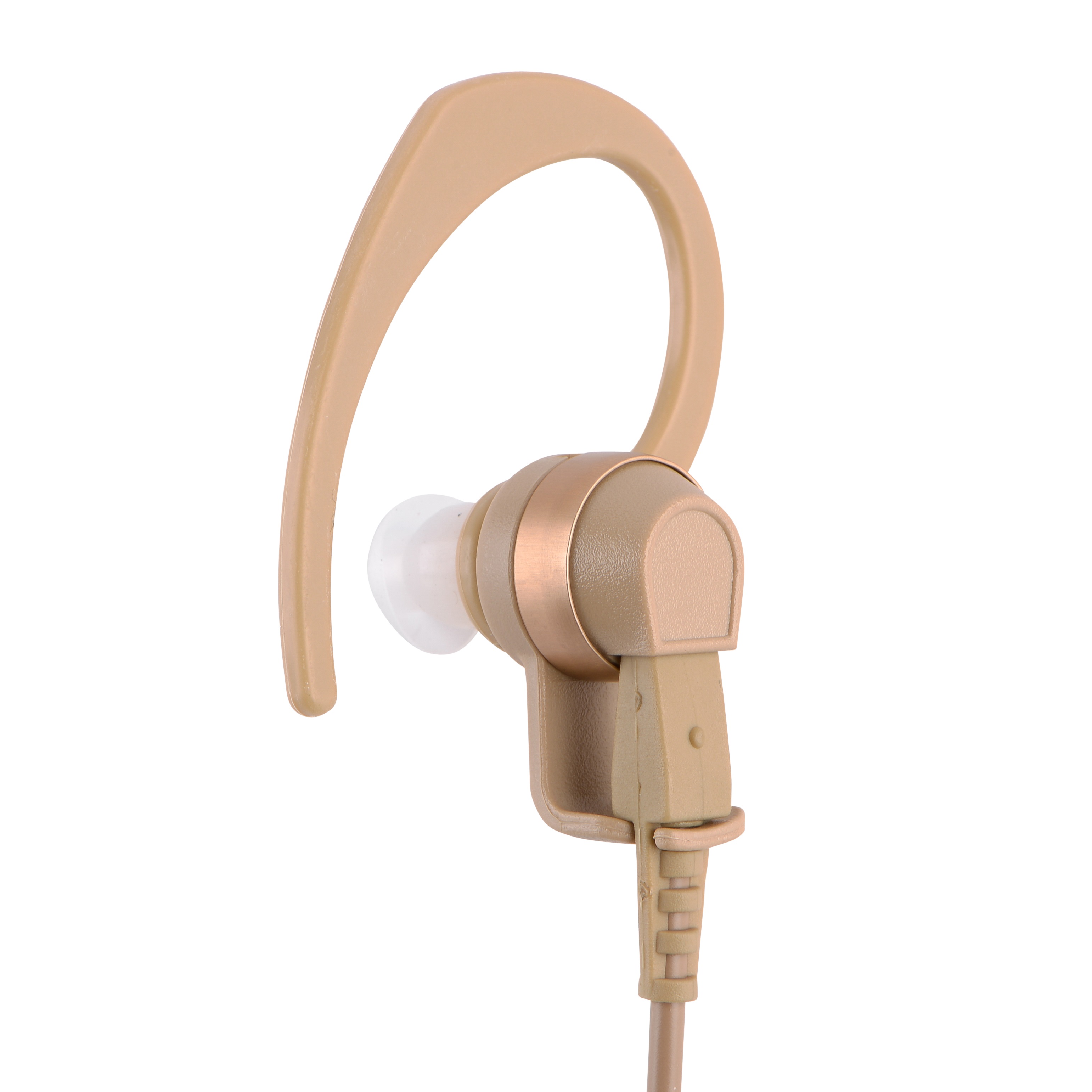 Beige in-ear headphone with ear hook and transparent earpiece.