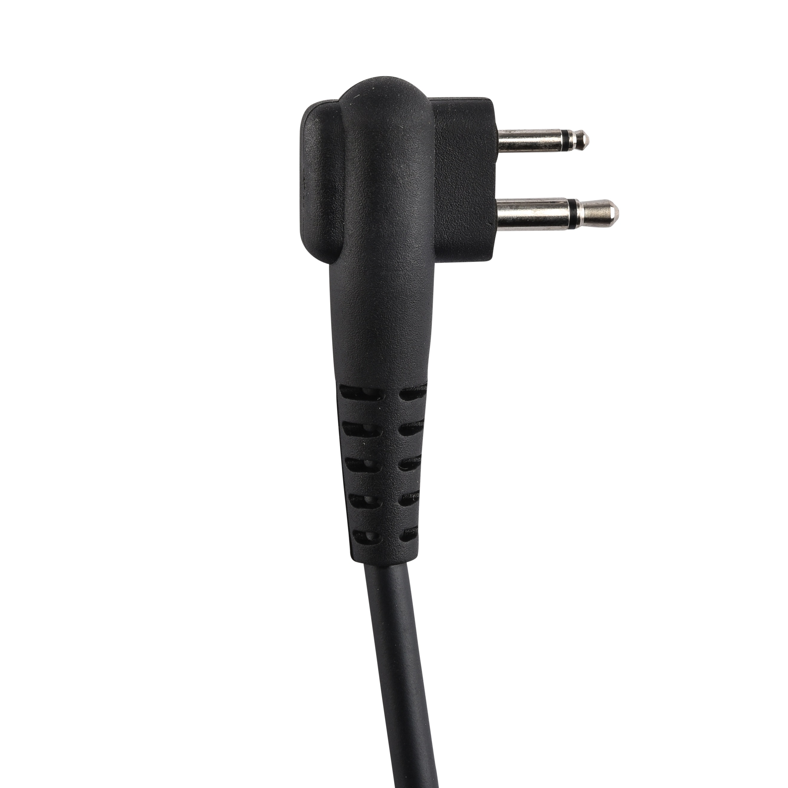 Zwarte haakse twee-pins stekker met kabel.