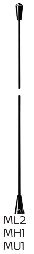 Twee zwarte antennes, modellabels: ML2, MH1, MU1.