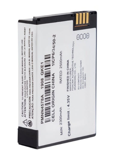 Batterie lithium-ion blanche avec code-barres et spécifications techniques.