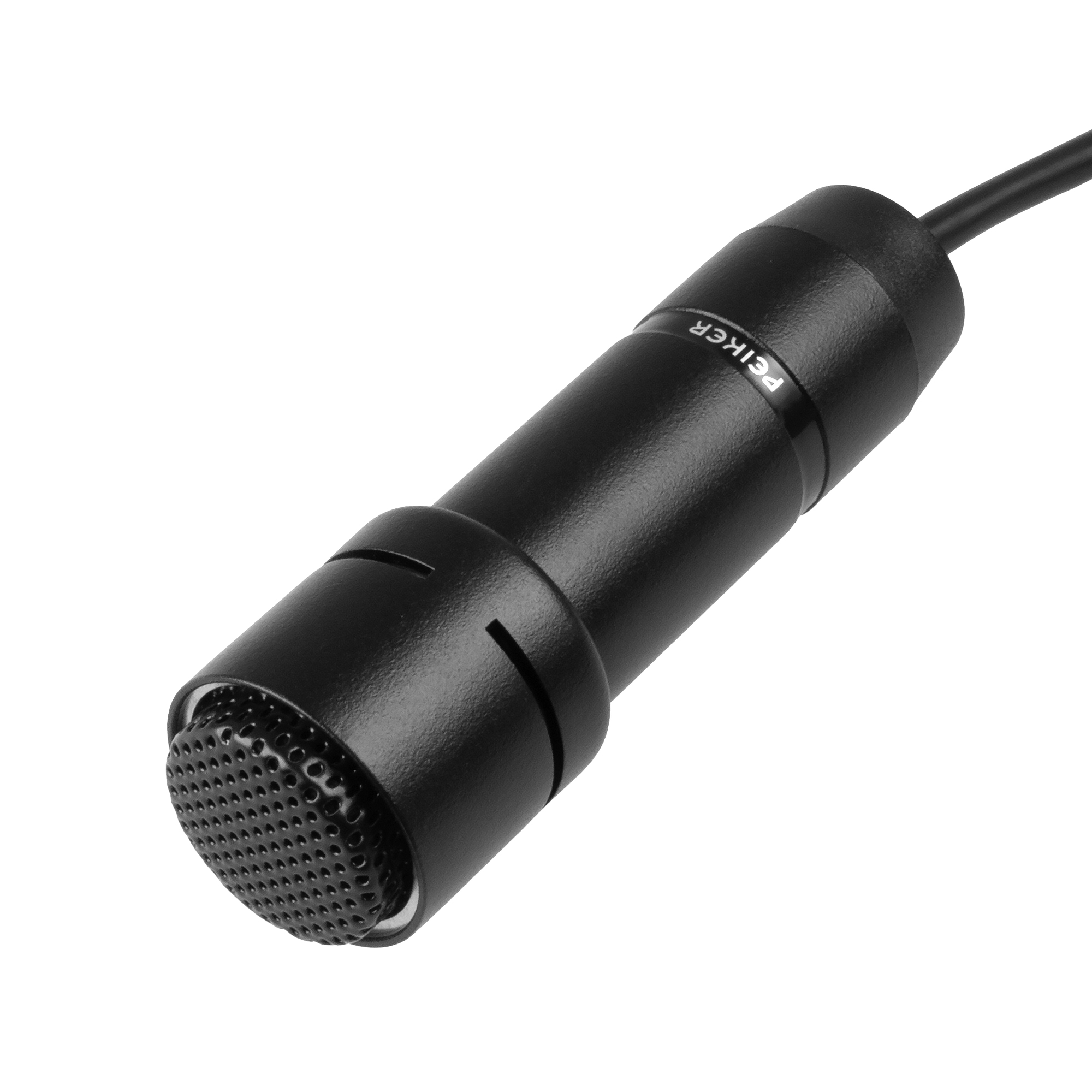 Zwarte microfoon met kabel, close-up van de voorkant.
