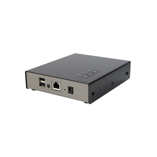 Black device with USB, LAN, and power ports, arranged on the side.