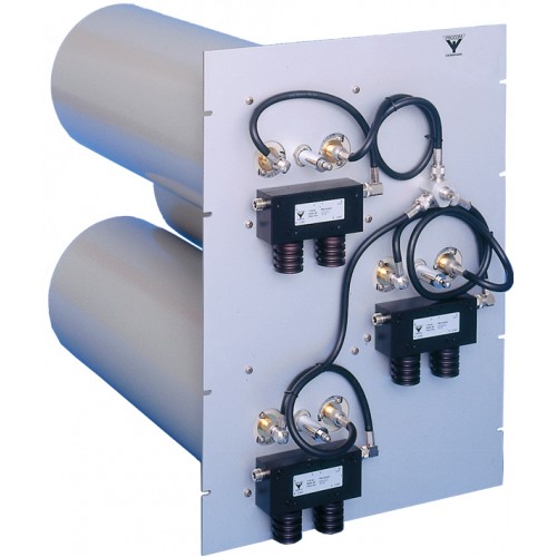 Technical panel with two cylindrical components and several cable connections.