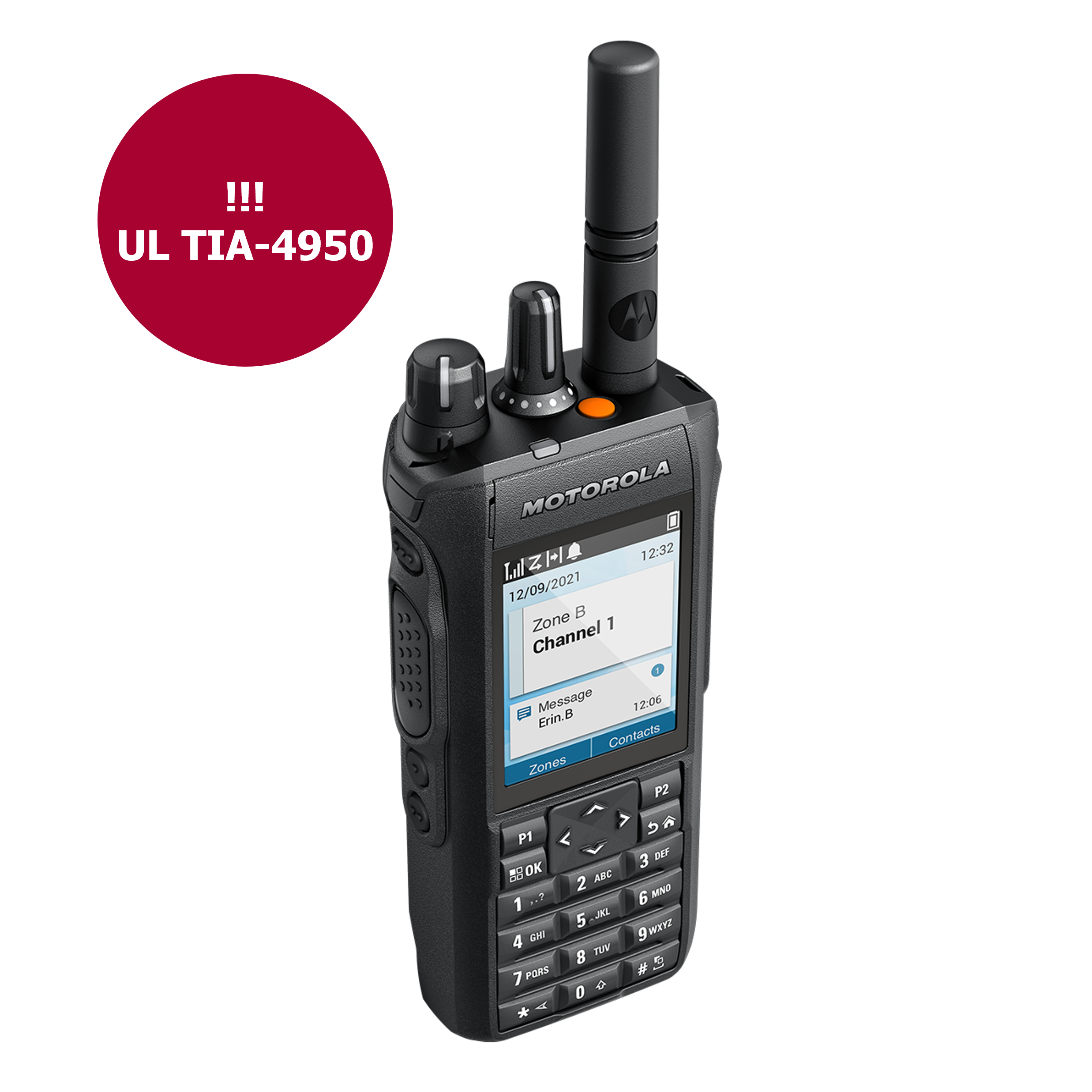 Black handheld radio with dials and antenna.
