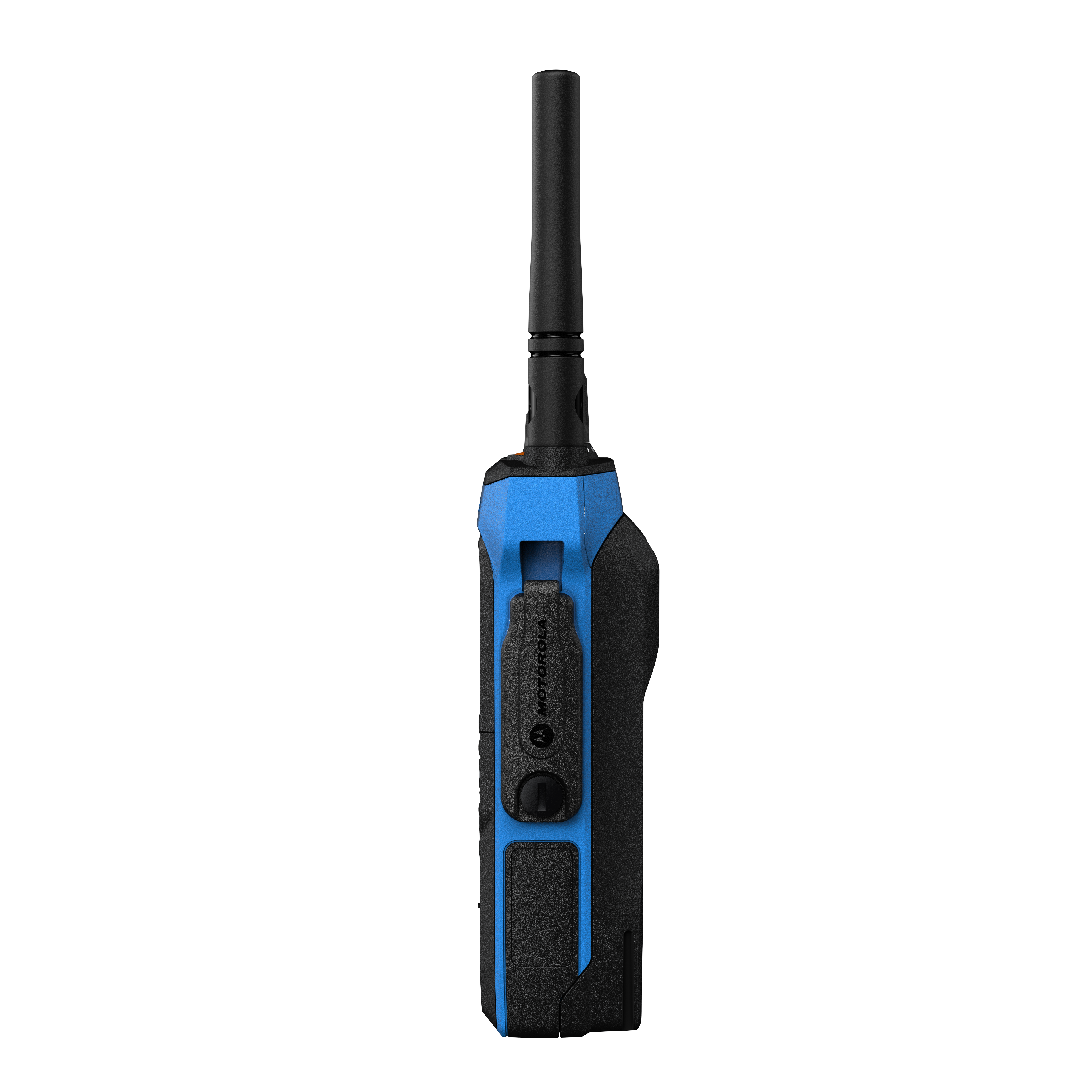 Een blauw-zwart handzender met antenne, verticaal georiënteerd.