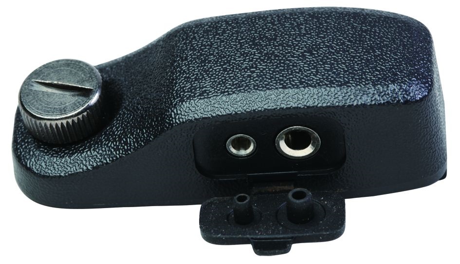 Appareil électronique noir avec deux prises et un bouton rotatif.