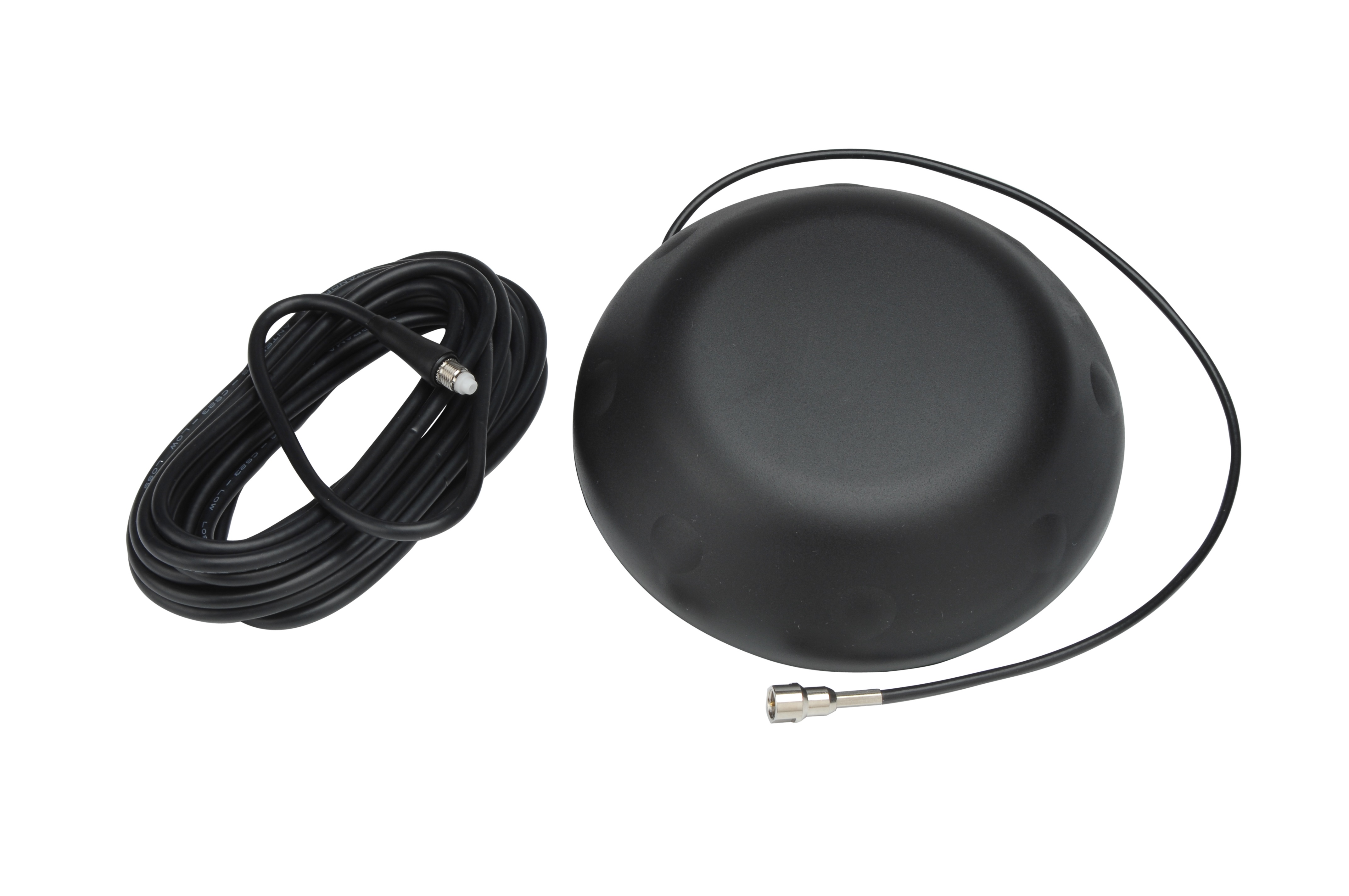 Zwarte antenne met lange kabel en connectorplug.