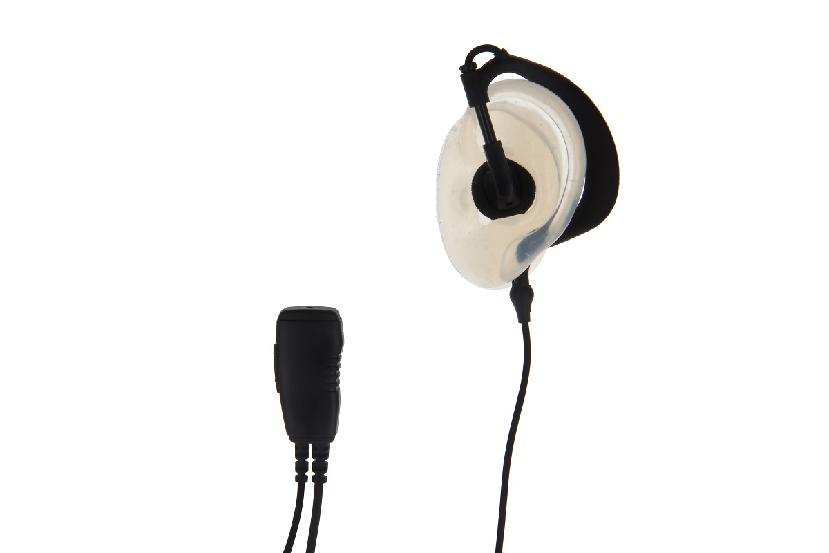 Draadloze oortelefoon met transparant oortje en zwarte clip, verbonden met een kabel.