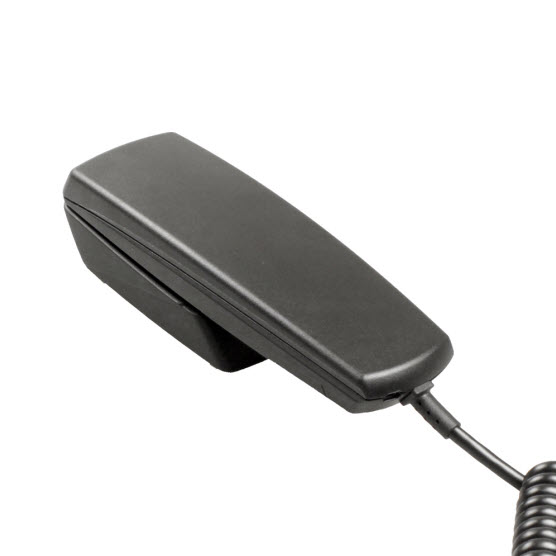 Combiné téléphonique noir avec connexion par câble.