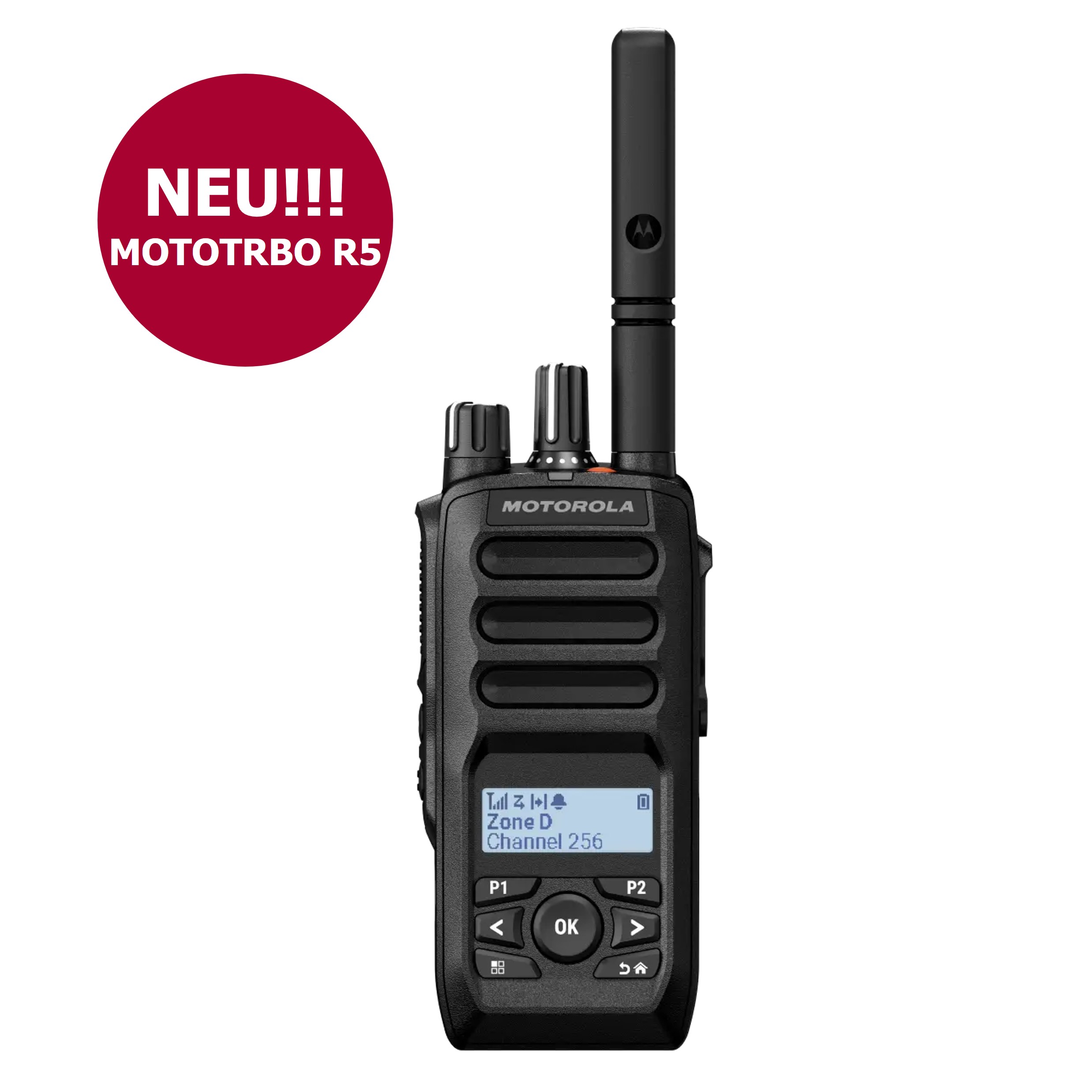 Motorola-radio met tekst 'NIEUW!!! MOTOTRBO R5' in rode cirkel.