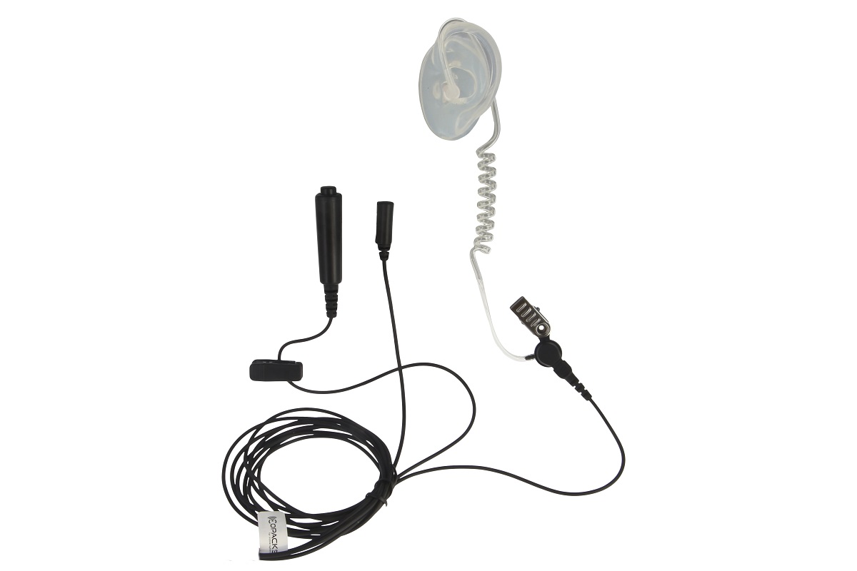 Earpiece with cable and microphone, coiled tube, attachment clip.
