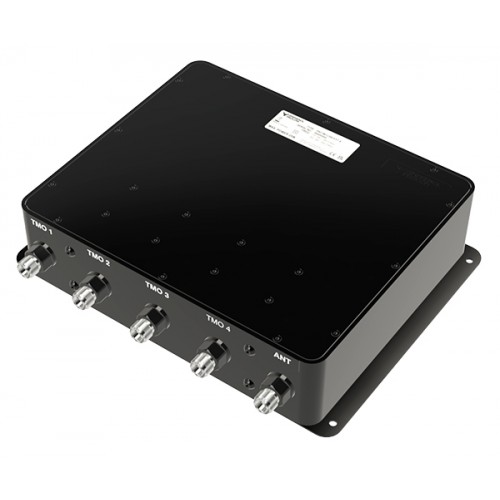 Electronic device with five ports and a label on the top.