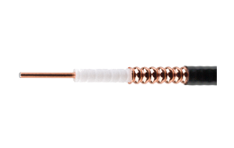 Close-up of a coaxial cable with copper spiral and black sheath.