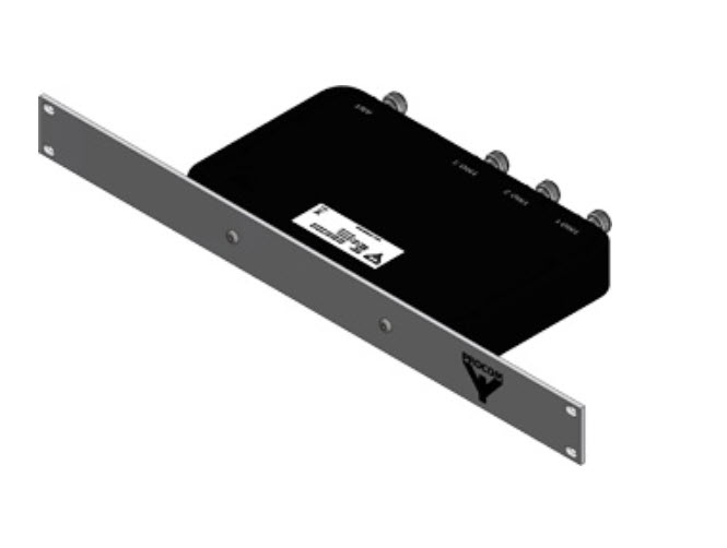 Rack-mounted black telecommunications splitter with four ports.