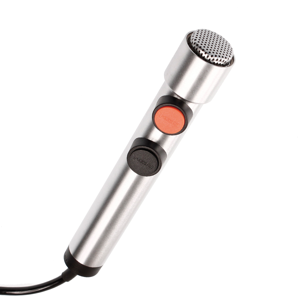 Silver microphone with black and red buttons on the handle.