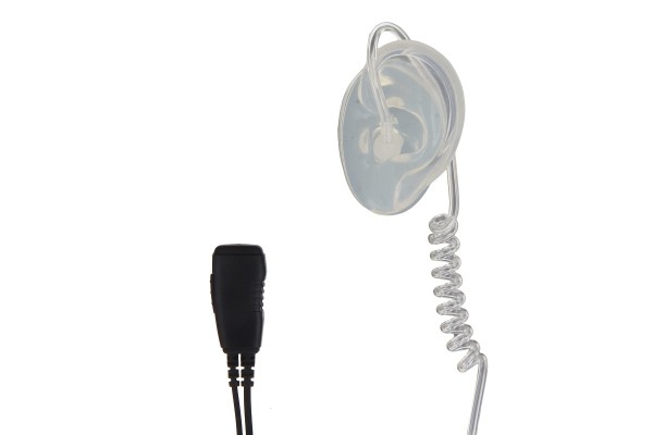 Écouteur avec câble en spirale transparent et connecteur noir.