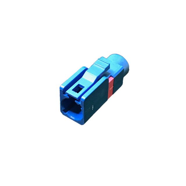 Connecteur plastique bleu rectangulaire avec bande rouge, adapté aux connexions électriques.