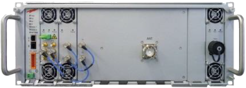 Electronic device with fans, connectors, and antenna port on the front panel.