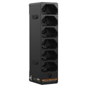 Chargeur noir avec six emplacements pour batteries.