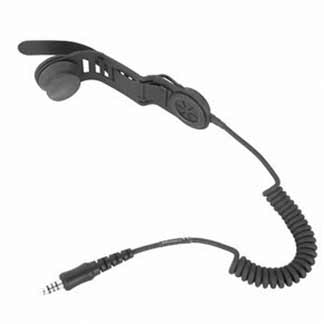 7000-00429000_mot_01.jpg Zwarte botgeleidings-hoofdtelefoon met spiraalkabel en 3,5 mm aansluiting.
